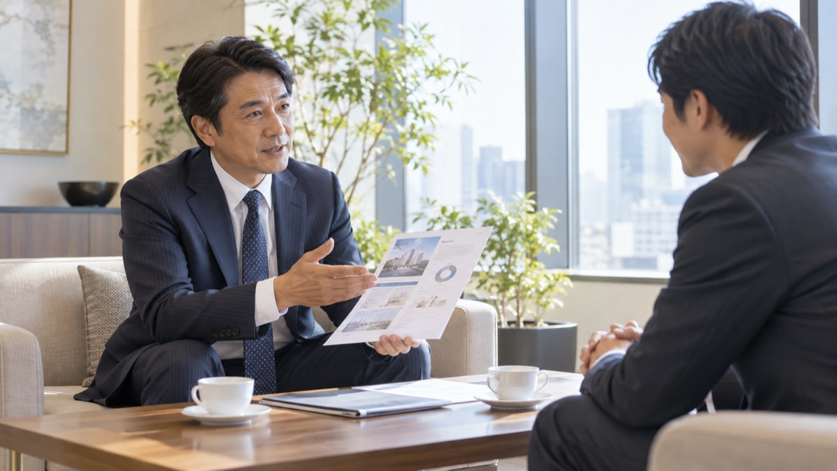 取引先の応接スペースで資料を示しながら落ち着いて話す男性と、うなずく相手