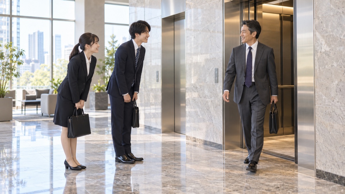 会社のエレベーターホールで先輩社員に笑顔で会釈する新入社員の男女