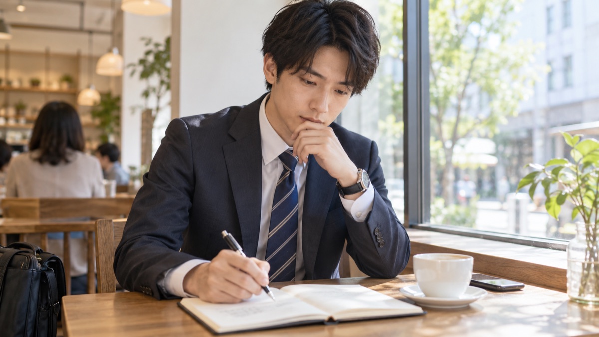 カフェの窓際でノートに自己紹介の単語メモを書く新入社員の男性