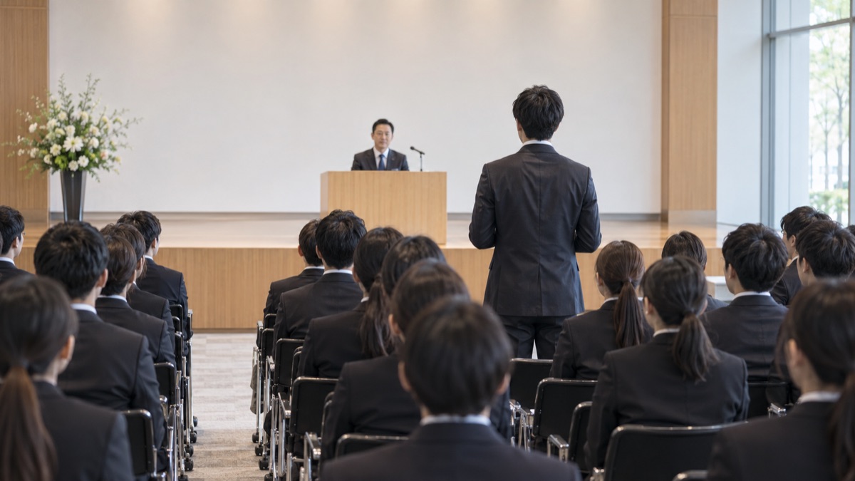 入社式の会場で立ち上がって自己紹介をする新入社員の男性