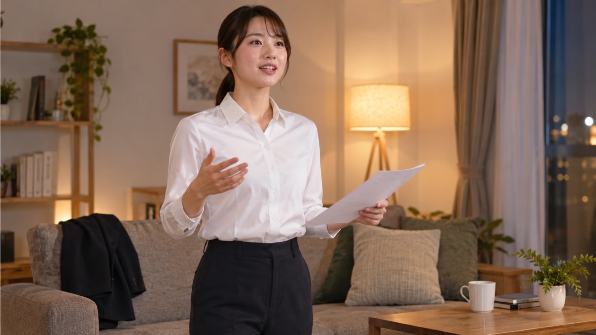 前日の夜に自宅のリビングで代表挨拶を声に出して練習する女性