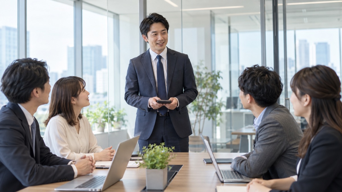 会議室でチームのメンバーに挨拶する中途入社の男性