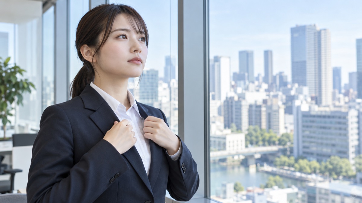 オフィスの窓の前で背筋を伸ばして身だしなみを整える新入社員の女性
