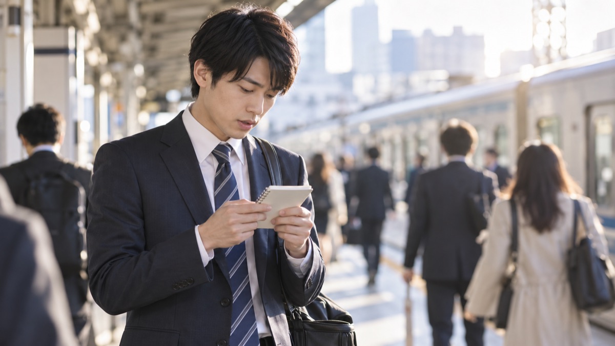 朝の駅のホームでメモ帳を見返す新入社員の男性