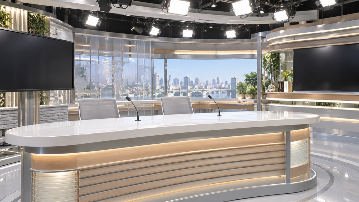誰もいないテレビ局のニューススタジオのアナウンサー席