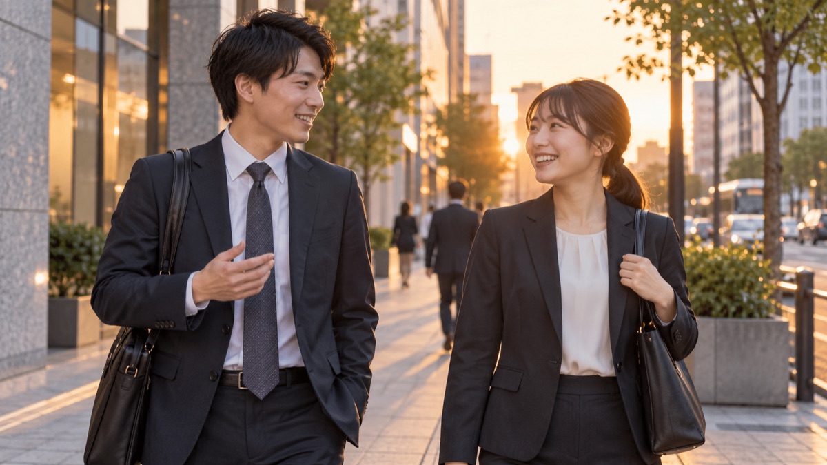 夕方のオフィス街を笑顔で話しながら歩く同期の2人