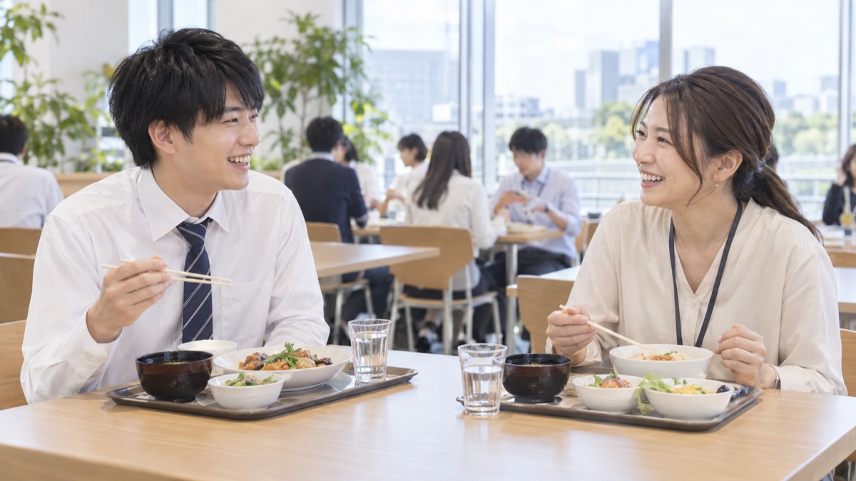 社員食堂で先輩社員と趣味の話をして笑い合う新入社員の男性