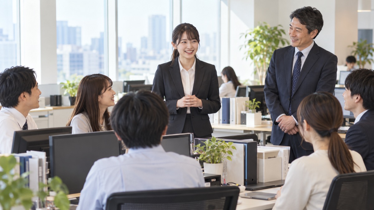 配属先の部署のデスクの前で課のメンバーに自己紹介する新入社員の女性
