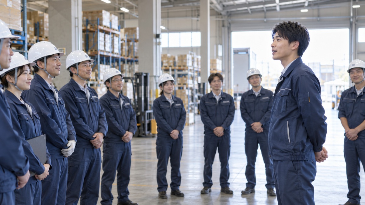 物流倉庫の朝礼で作業着姿の社員の前であいさつする新入社員の男性