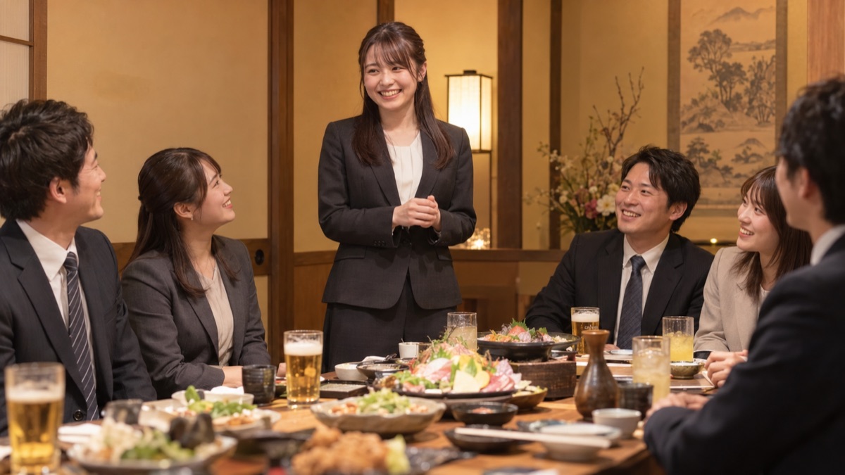 居酒屋の個室の歓迎会で立ち上がって話す新入社員の女性