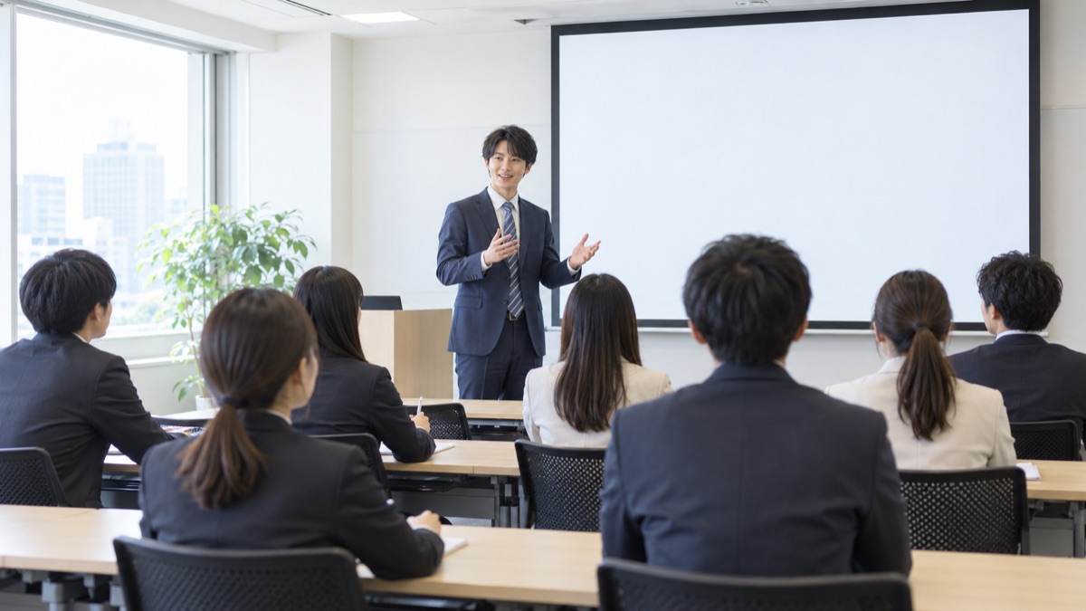 研修室で同期の新入社員たちの前で話す男性