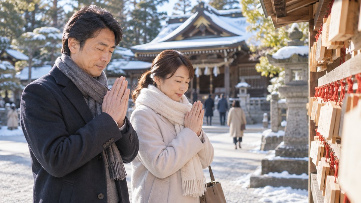 冬の晴れた日の神社の境内で、初詣に来た40代の夫婦が絵馬掛けの前で並んで手を合わせ、穏やかな表情で目を閉じている