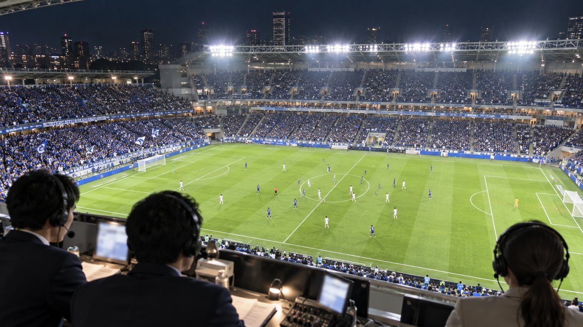 夜のサッカースタジアムの高い放送席から見下ろした、照明に照らされた緑のピッチと満員の観客席の遠景
