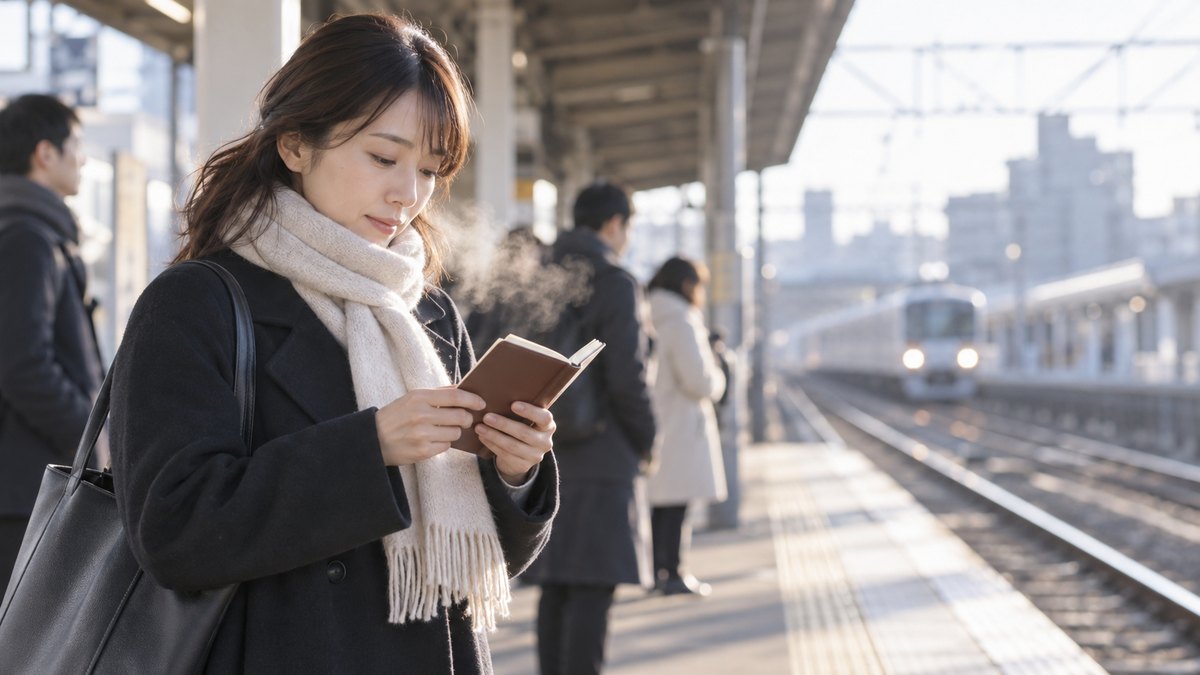 冬の朝の駅のホームで、コートを着た30代の女性が白い息を吐きながら、電車を待つ間に小さな手帳へ視線を落としている