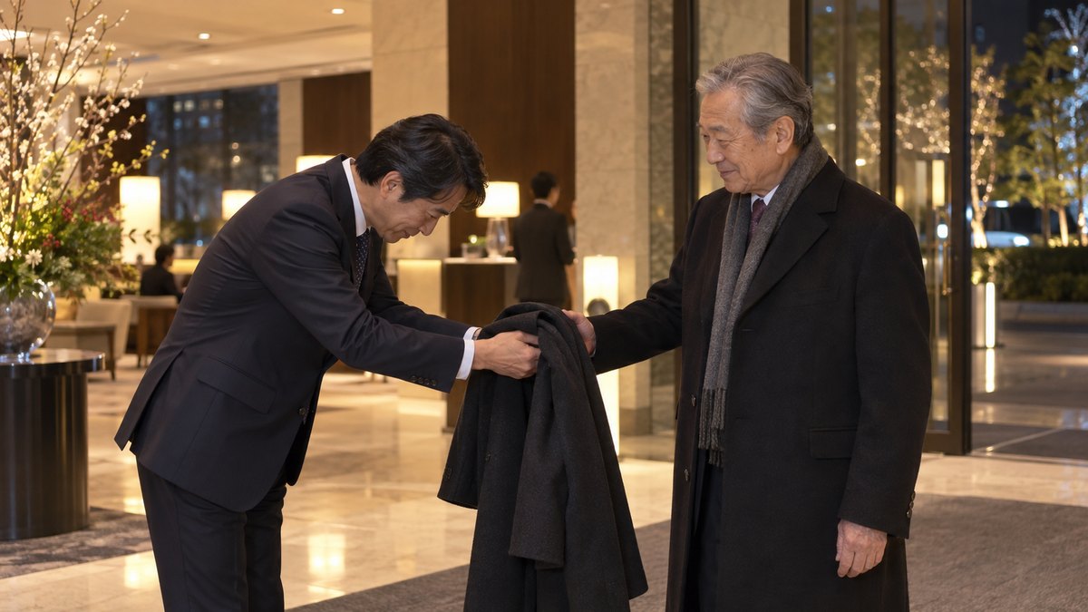 冬の夜のホテルのロビーで、新年会を終えた50代の男性が、年上の70代の男性にコートを手渡しながら丁寧に頭を下げている