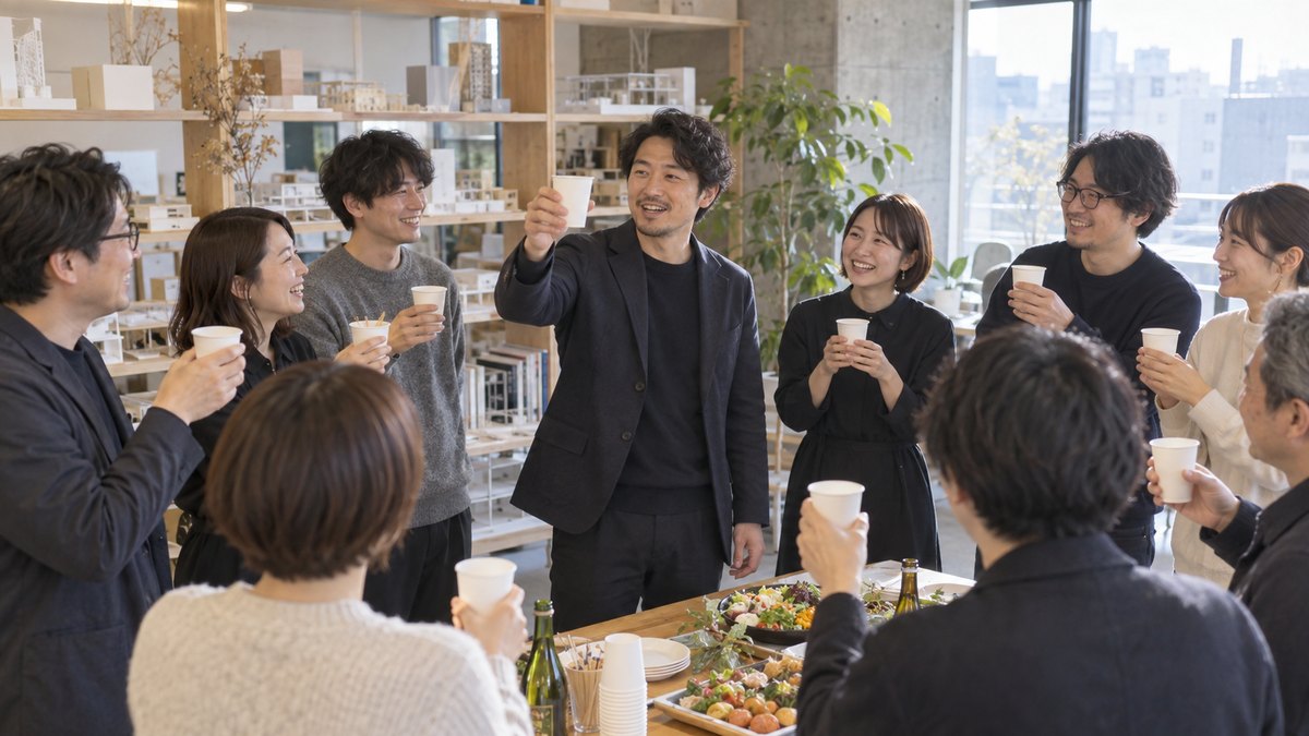 小さな設計事務所の新年会で、模型が並ぶ棚の前に社員10人ほどが立ち、30代の男性が紙コップを掲げて乾杯の合図を出そうとしている