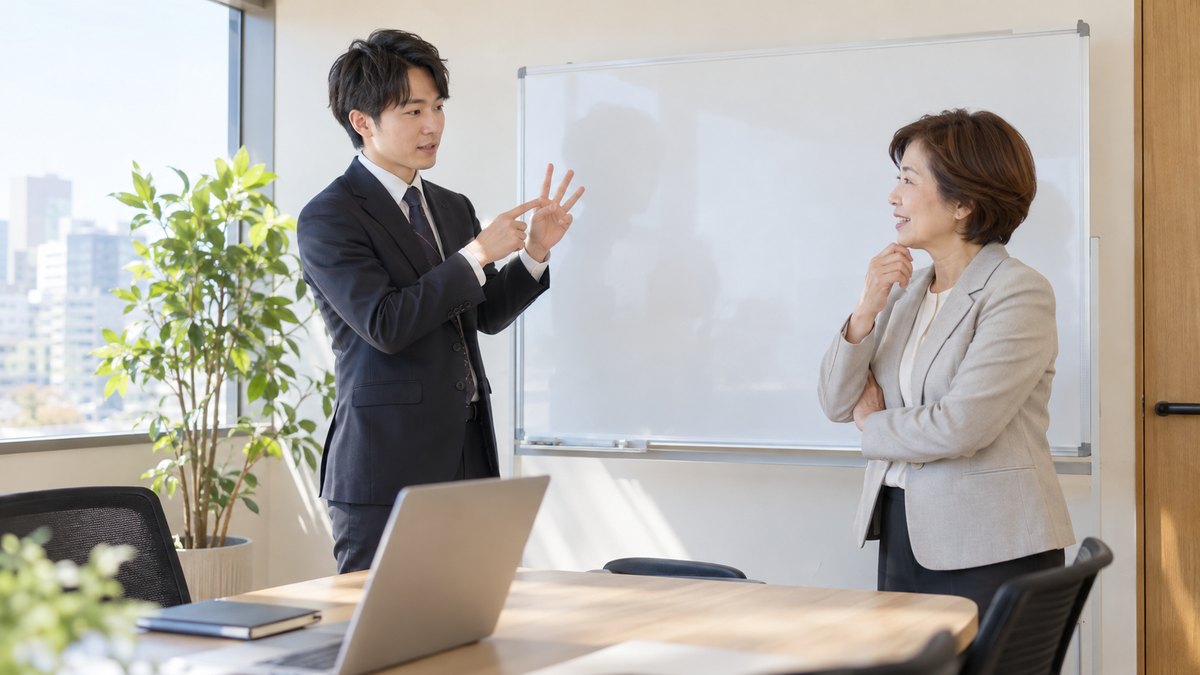 会社の小さな会議室で、20代の幹事の男性がホワイトボードの前に立ち、上司の50代女性と新年会の段取りを指で確かめながら相談している