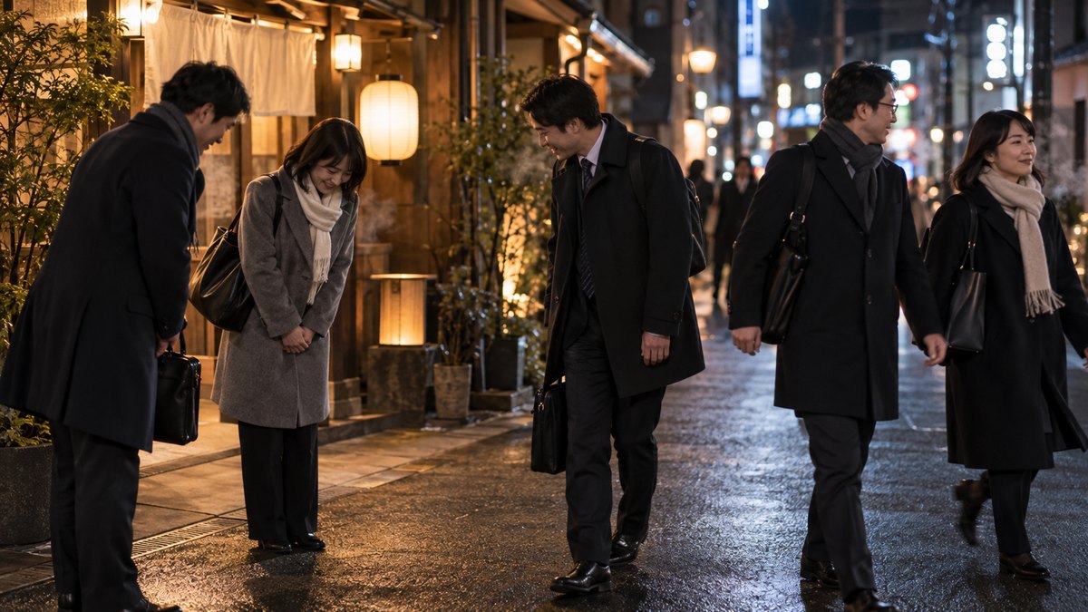 冬の夜の繁華街の和食店の前で、コートを着た会社員たちが白い息を吐きながら軽く頭を下げ合い、それぞれの帰り道へ歩き出している