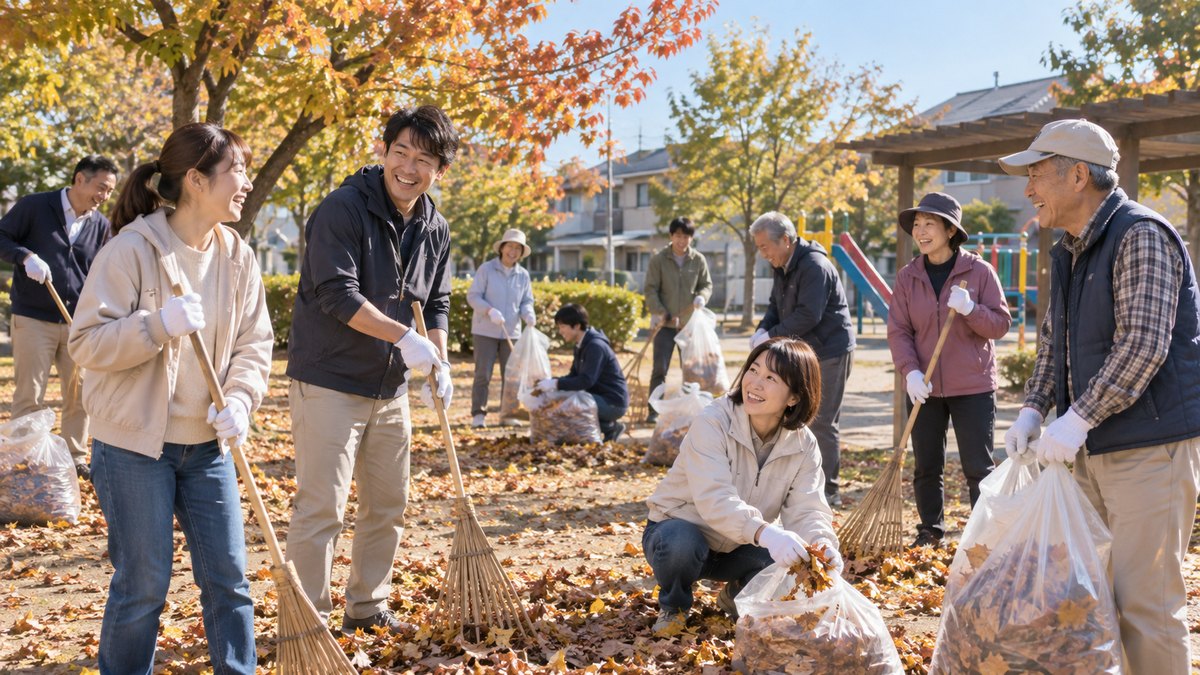 秋の晴れた日曜日の住宅街の公園で、町内の人たち10人ほどが軍手をはめてほうきと袋を持ち、落ち葉を集めながら笑顔で話している