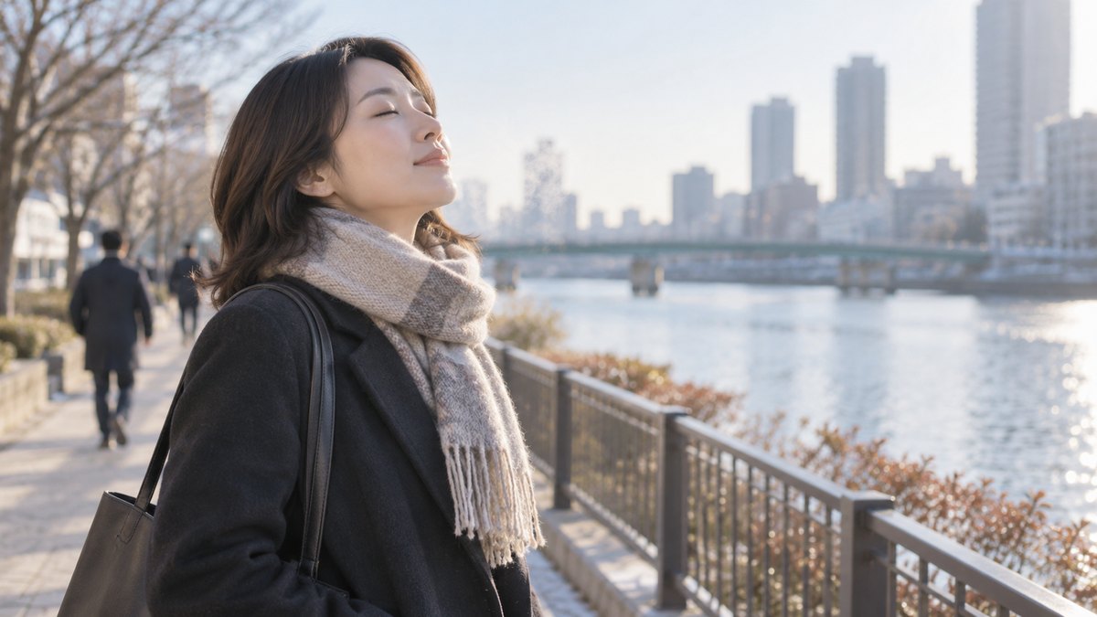 冬の朝、通勤途中の川沿いの遊歩道で、マフラーを巻いた30代の女性が立ち止まり、冷たい空気の中でゆっくり深く息を吐いている