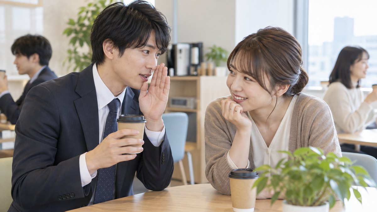 昼休みの会社の休憩室で、20代の男性社員が紙コップのコーヒーを片手に、先輩の女性社員に新年会で言う一言を小声で聞いてもらっている
