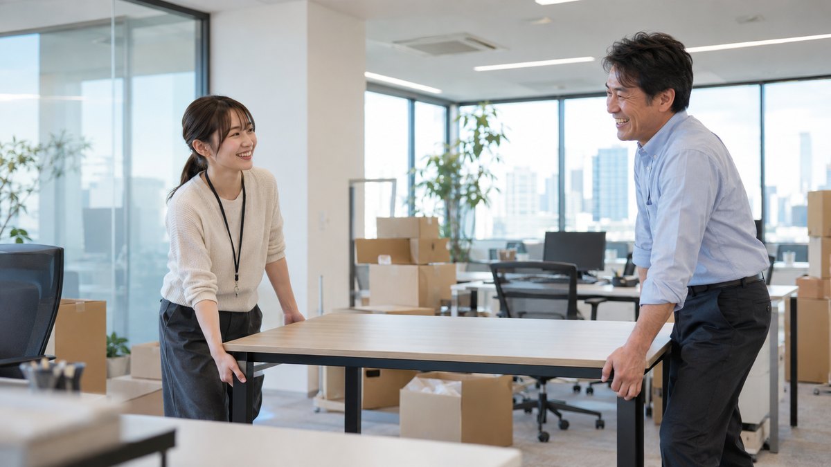 年末に引っ越しを終えたばかりの新しいオフィスで、段ボールがまだ少し残る中、20代と40代の社員が笑いながら机を運んでいる