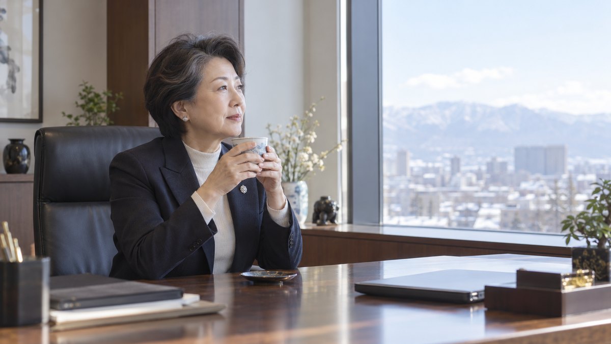 朝の静かな社長室で、60代の女性社長が窓際の机に座り、湯のみを手に窓の外の冬の空を眺めて考えごとをしている