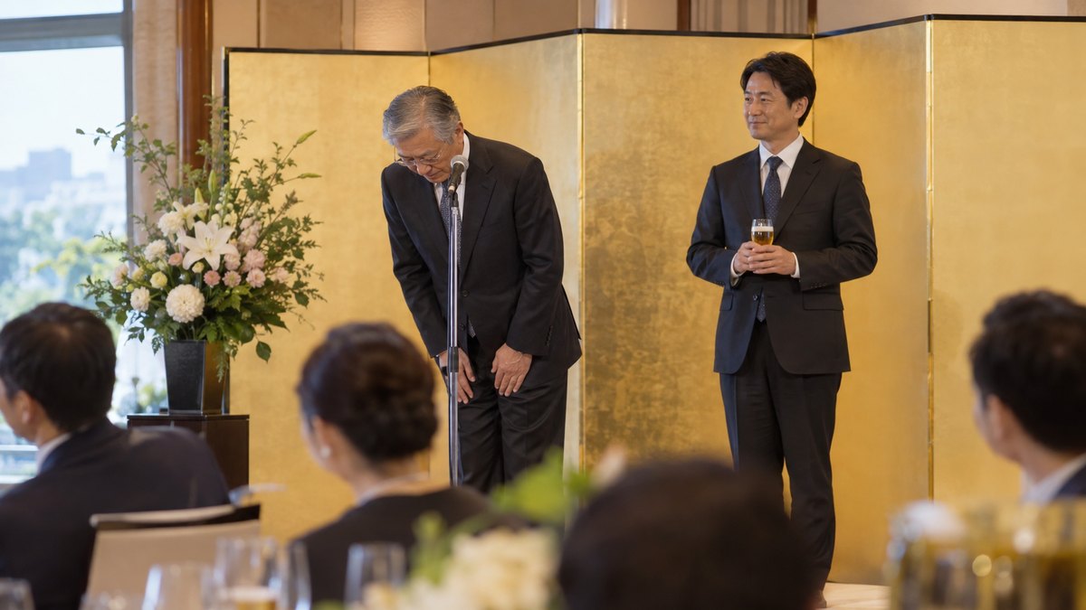 ホテルの宴会場の前方で、60代の社長がマイクで話し終えて一礼し、その横で40代の男性社員がビールのグラスを両手で持って次の出番を静かに待っている