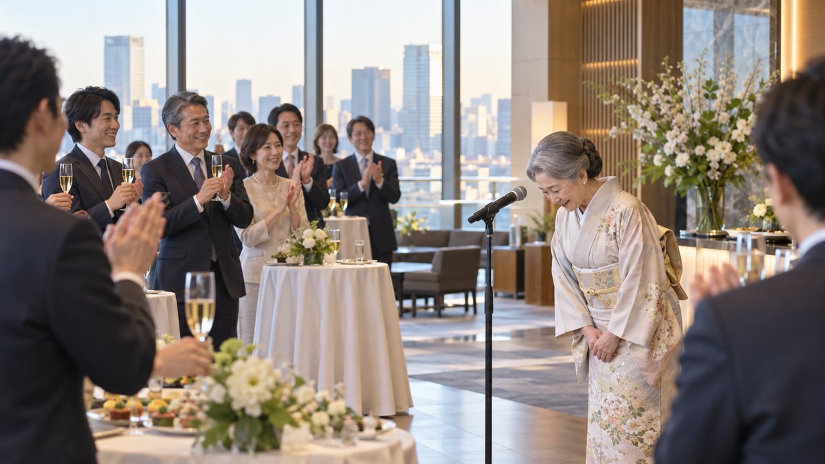 高層ビルのラウンジを貸し切った立食の新年会で、和服姿の70代の女性来賓がマイクの前で一礼し、グラスを持ったスーツ姿の人たちが拍手で迎えている