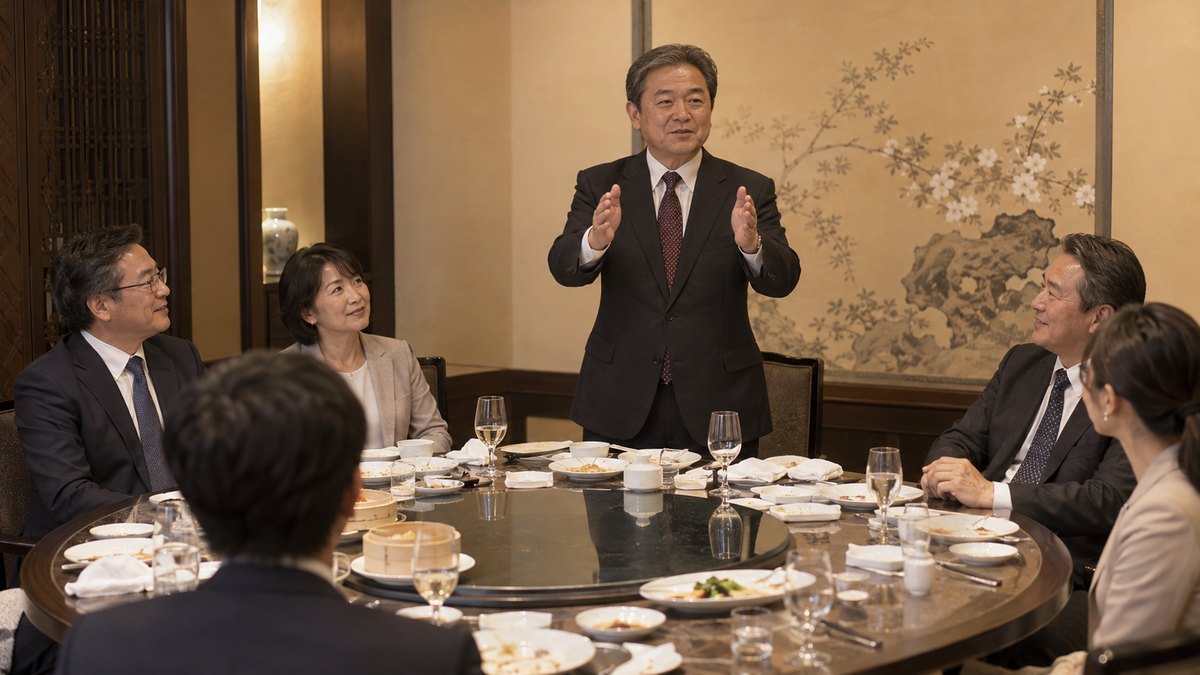 中華料理店の円卓の個室で、料理を食べ終えた後、50代の男性役員が立ち上がり、両手を胸の前に構えて手締めの合図を出そうとしている