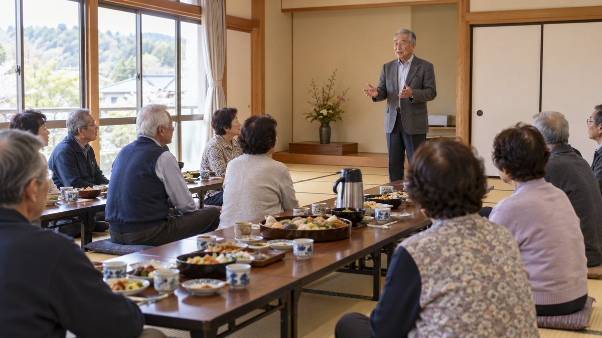 畳敷きの公民館の大広間で、長机に料理とお茶が並び、60代から70代の町内の人たちが座って、前に立つ町内会長の話を聞いている