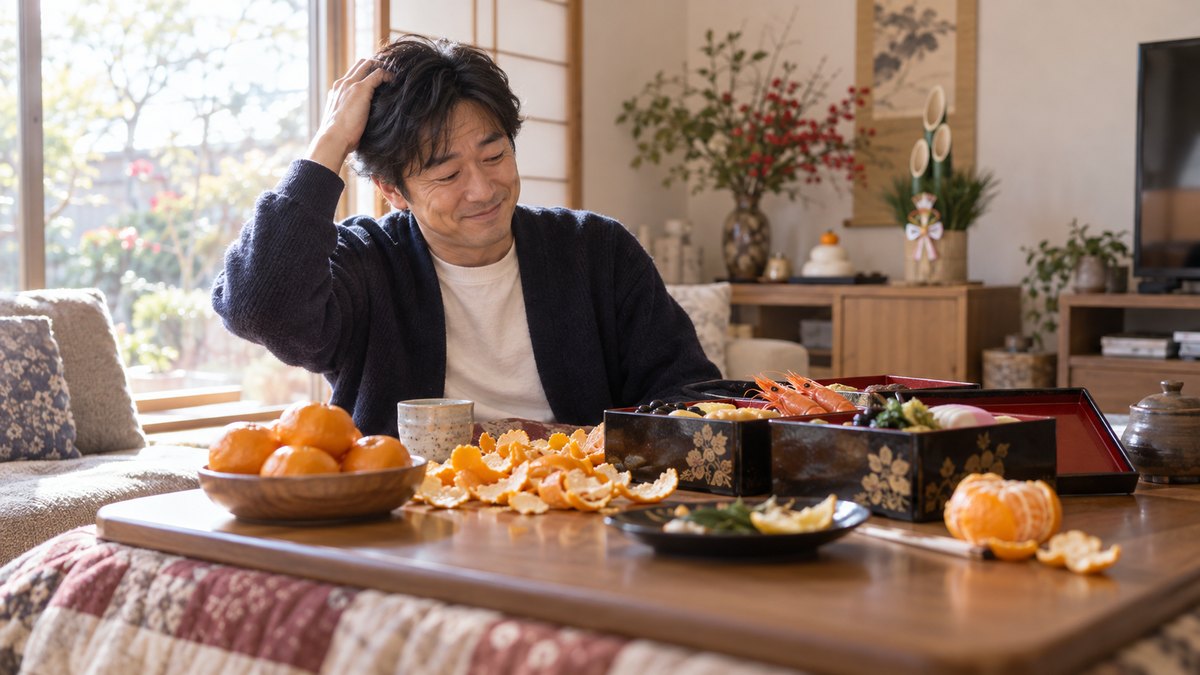 正月の自宅の居間で、40代の男性がこたつに入ったまま、テーブルいっぱいのみかんの皮とおせちの重箱を前に、照れたように頭をかいている