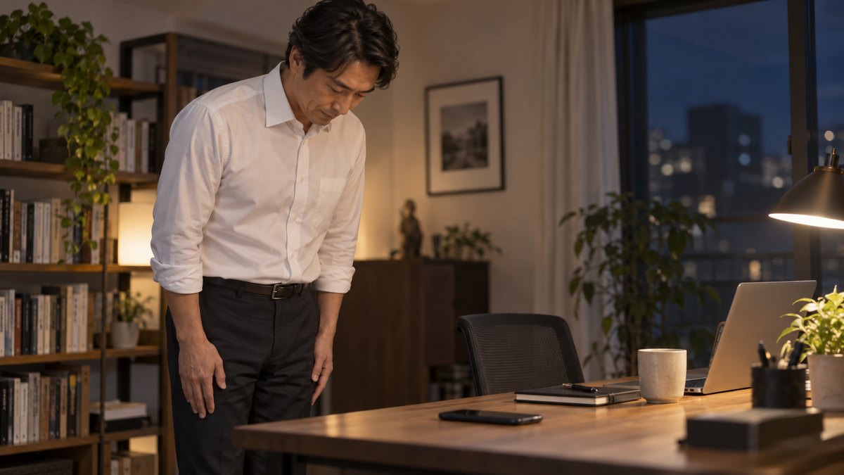 夜の自宅の書斎で、40代の男性がスマートフォンのストップウォッチを机に置き、立ったまま小さな声で挨拶を口にしている