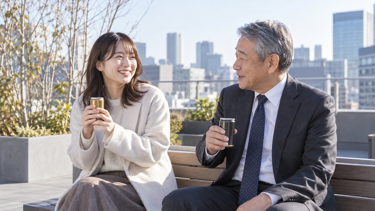 晴れた冬の昼休み、オフィスビルの屋上のベンチで、缶コーヒーを手にした20代の女性と60代の男性が並んで座り、穏やかに話している