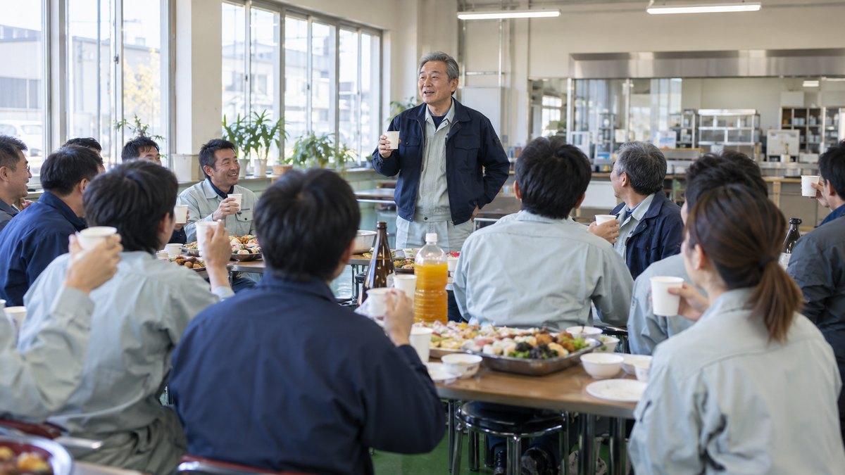 町工場の広い食堂を使った新年会で、作業着の上に紺のジャンパーを羽織った60代の工場長が長テーブルの前に立って話し、紙コップを手にした作業着の社員たちが座って聞いている。金屏風や宴会場ではない