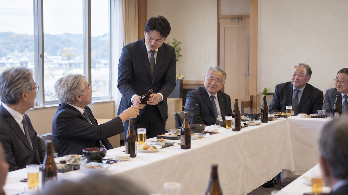 地方の会議室を使った協力会の新年会で、白い布をかけた長机が口の字に並び、60代の男性たちが座る中、40代の男性が一人だけ立ち上がって少し緊張した表情でビール瓶を手に年上の男性へ酌をしようとしている。金屏風や円卓は無い