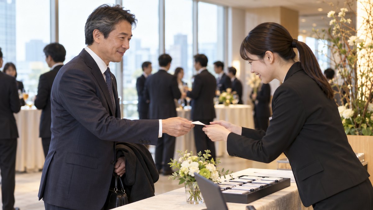 取引先の会社の新年会の受付で、50代の男性がコートを腕にかけて名刺を差し出し、受付の20代の女性社員が笑顔で会釈している