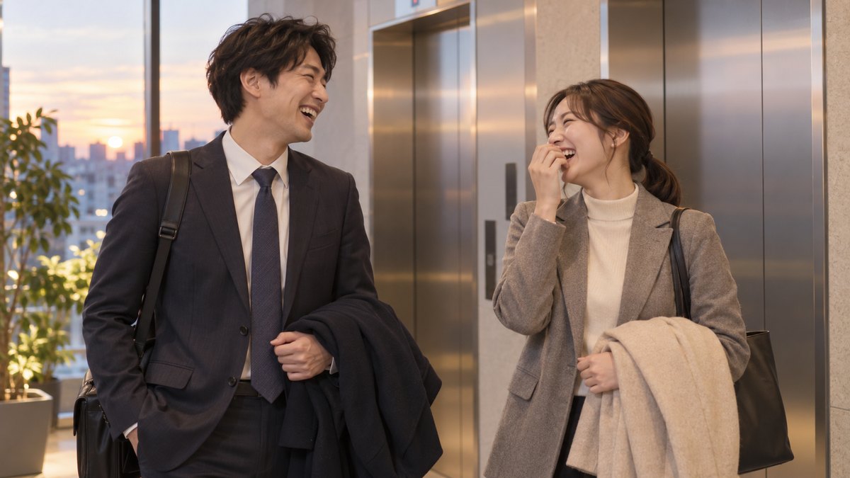冬の夕方の会社のエレベーターホールで、コートを手にした30代の男女の同僚が目を合わせて、思わず吹き出すように笑っている