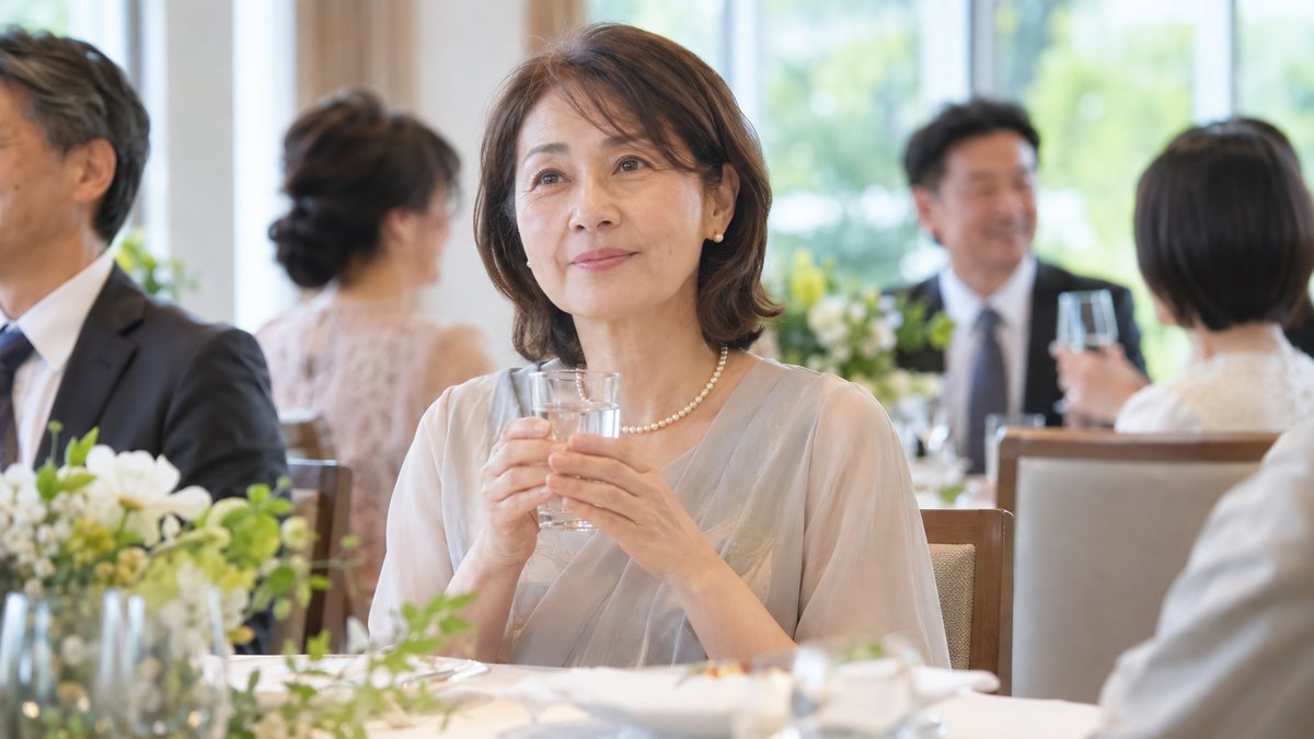 明るい洋風のレストランの宴会で、50代の女性が水の入ったグラスを胸の前で両手に包むように持ち、静かに前を見ている
