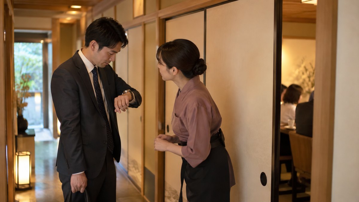 和食店の個室のふすまの前の廊下で、幹事の30代男性が腕時計を見ながら、会の終わりの時間を店の女性スタッフと小声で確かめている