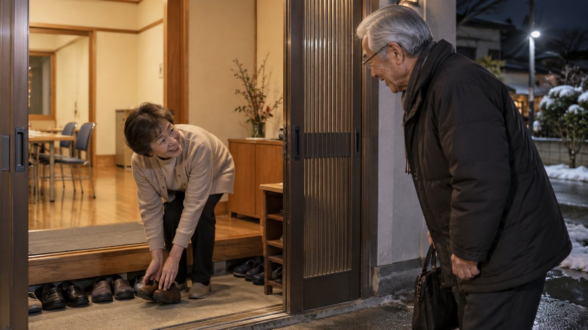 冬の夜、自治会の集会所の玄関で、60代の女性役員が靴をそろえながら、到着した近所の70代の男性に笑顔でお辞儀をしている