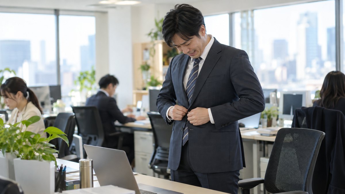 正月明けの朝、オフィスの自席の横で、30代の男性がスーツのジャケットのボタンを留めようとして、おなかを見下ろしながら苦笑いしている