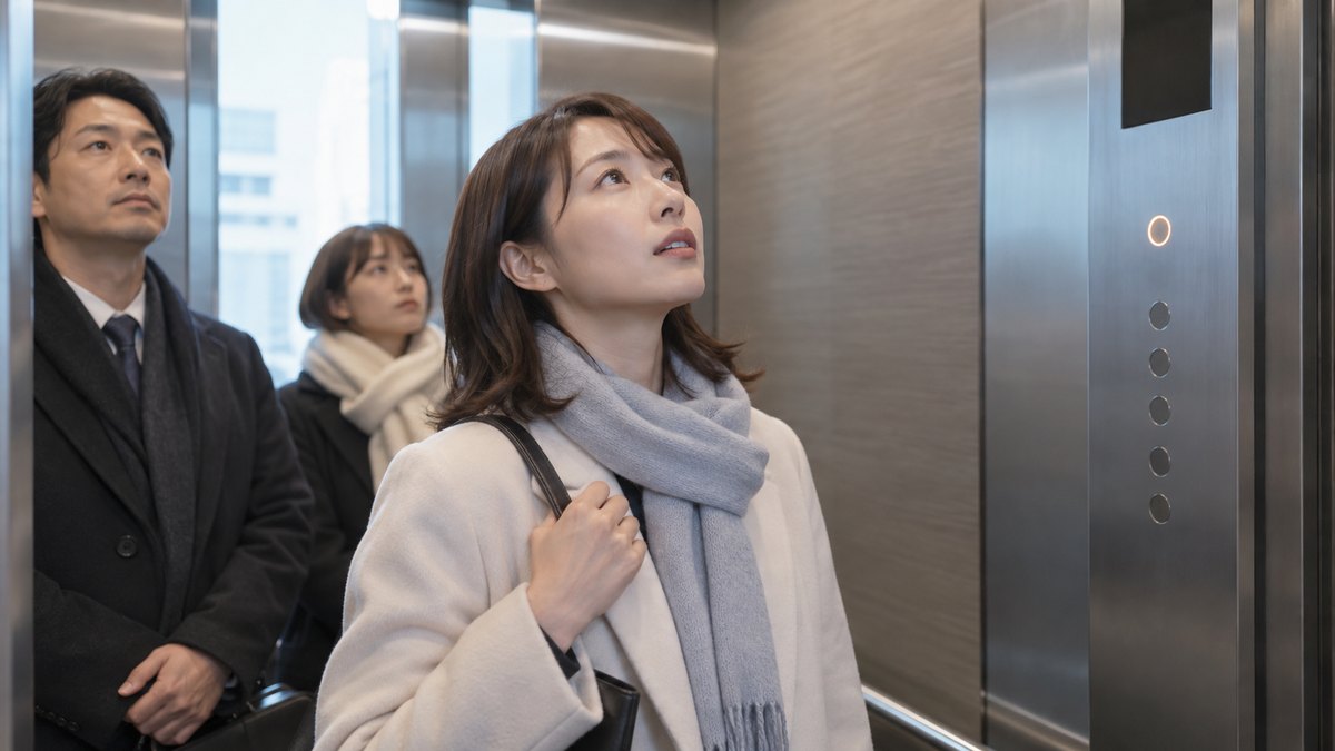 冬の朝、会社のエレベーターの中で、30代の女性が背筋を伸ばして立ち、階数表示を見上げながら小さく口を動かして一言を確かめている