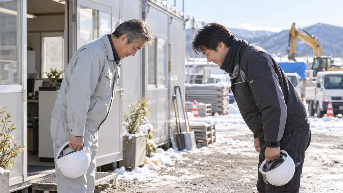 冬の昼、建設現場の仮設事務所の前で、ヘルメットを手に持った50代の現場監督と40代の協力会社の男性が、新年の挨拶を交わして頭を下げ合っている