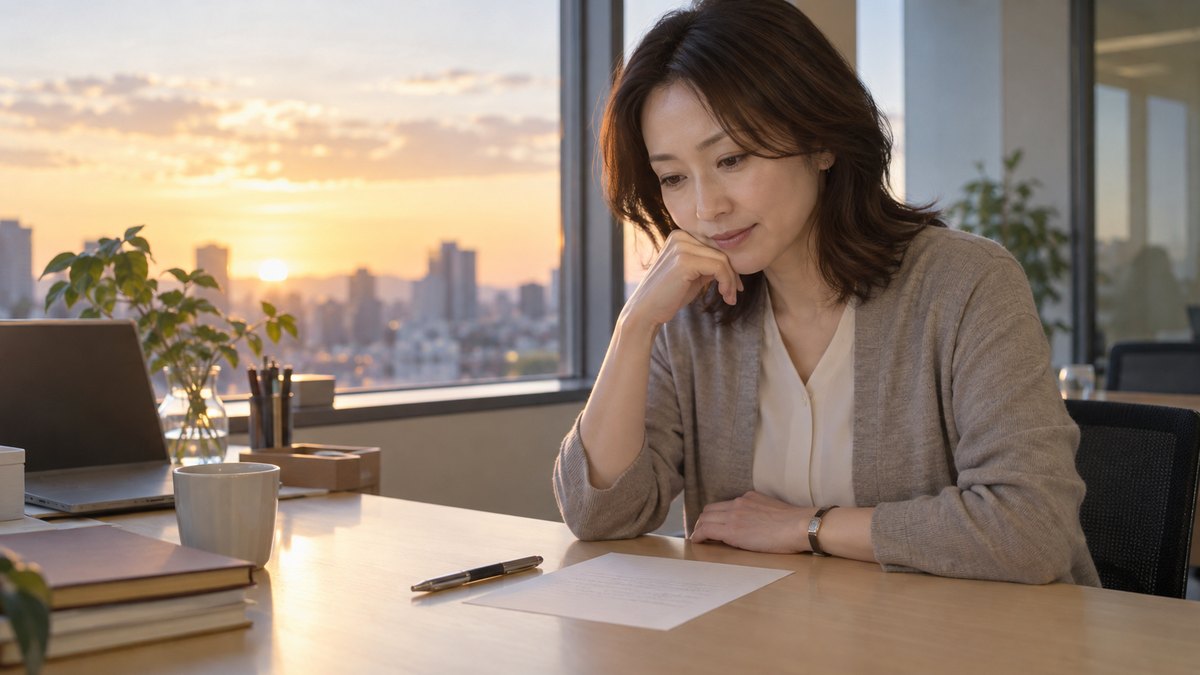 夕方の会社の窓際の小さな机で、40代の女性が便箋に4行だけ下書きをして、ペンを置いて読み返している