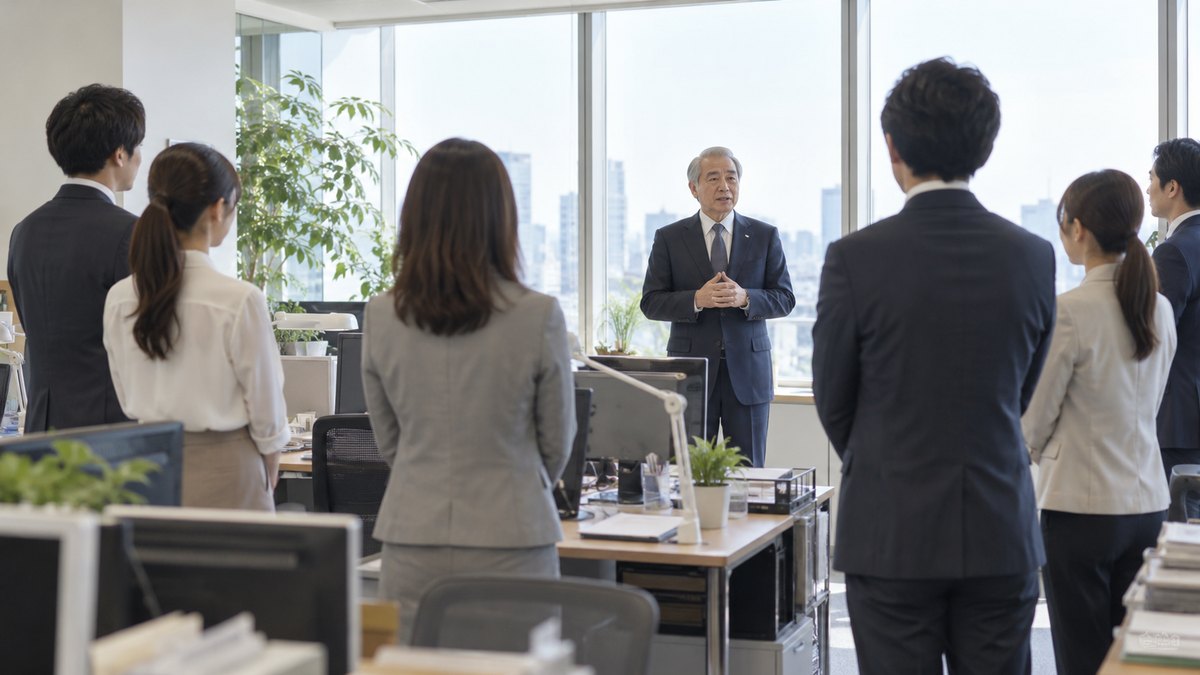 仕事始めの朝のオフィスで、60代の男性社長が窓を背に立って話し、社員たちは自分の席の横に立ったまま聞いている