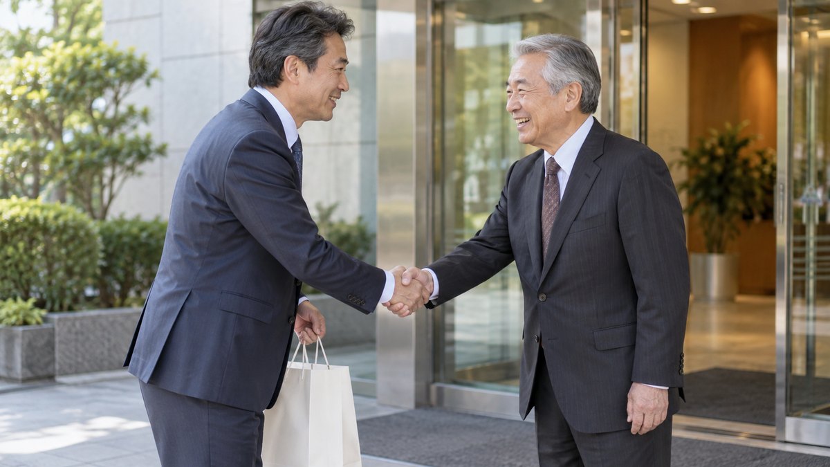 取引先の会社の玄関前で、50代の男性が手土産の紙袋を持ち、出迎えた先方の60代の社長と笑顔で握手している