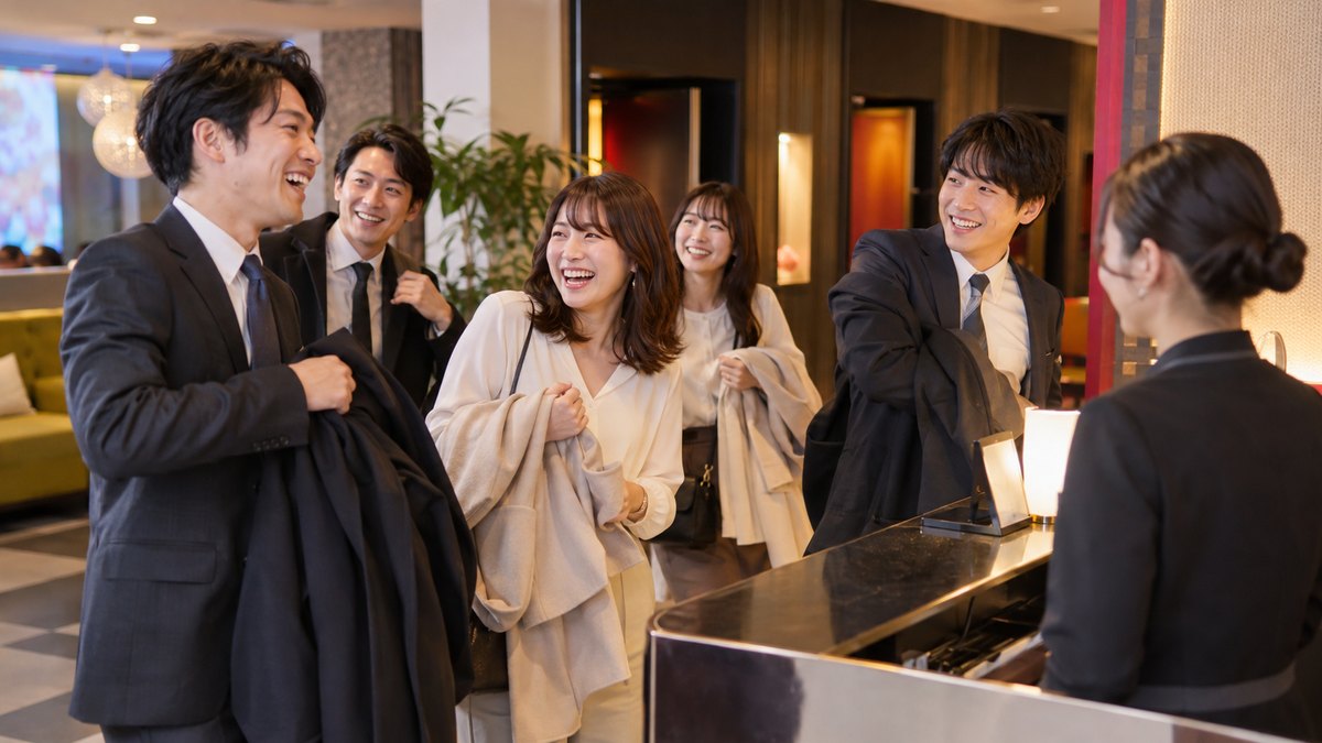 カラオケ店の受付の前で、二次会に来た20代から30代の同僚たちがコートを脱ぎながら楽しそうに笑い合っている