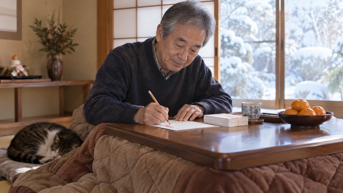 冬の朝の和室で、こたつに入った60代の男性が、年賀状の束の横に便せんを広げ、鉛筆で数行だけ書いている。便せんの文字は見えない