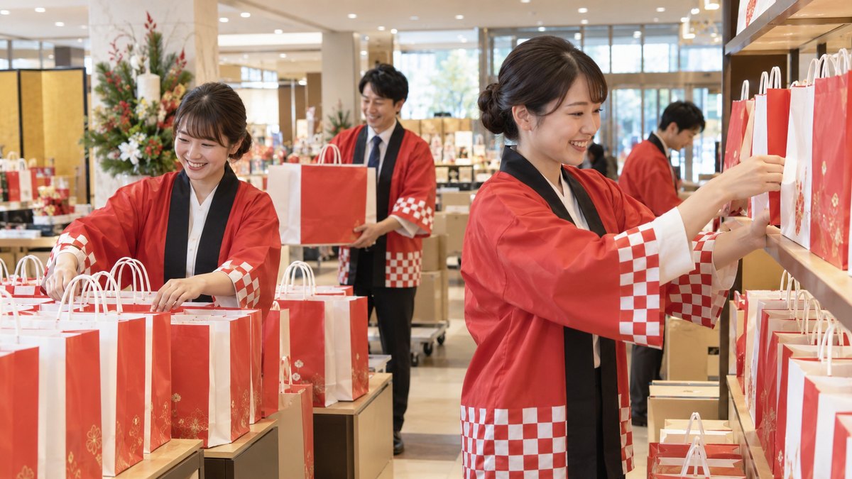 年明けの百貨店の売り場で、そろいの法被を着た店員たちが、開店前に福袋を棚に並べながら笑顔で準備している
